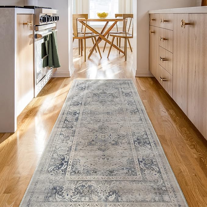 RUGGABLE Washable Vintage Runner Rug – Sarrah Blue Quartz 2.5x7, Stain-Resistant, Non-Slip Hallway Runner – Machine Washable Rug for Hallway, Entryway, Living Room & Kitchen–with Cushioned Pad