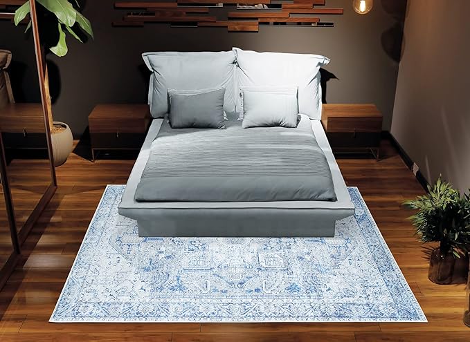 Bloom Rugs Washable Non-Slip 4' x 6' Rug - Blue/Gray Traditional Area Rug for Living Room, Bedroom, Dining Room, and Kitchen - Exact Size: 4' x 6'