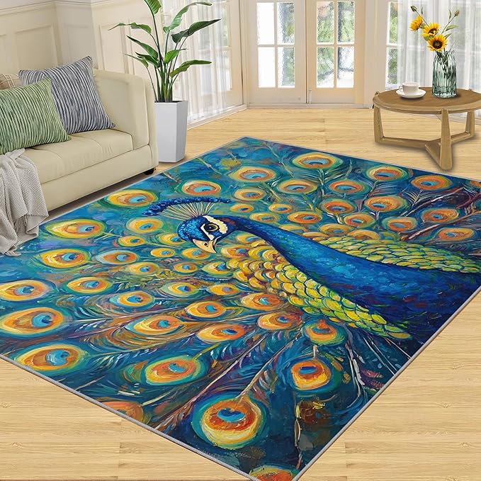 Peacock Area Rug 6x9-6x9 Rug, Wonderful Peacock Rugs for Living Room, Teal Turquoise Carpet, Peafowl Washable Area Rugs for Bedroom, Aesthetics Carpet - Peafowl Home Decor & Gifts
