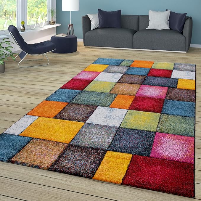 Paco Home Colorful Living Room Rug Checkered Design with Squares Multicolor, Size: 5'3" x 7'7"