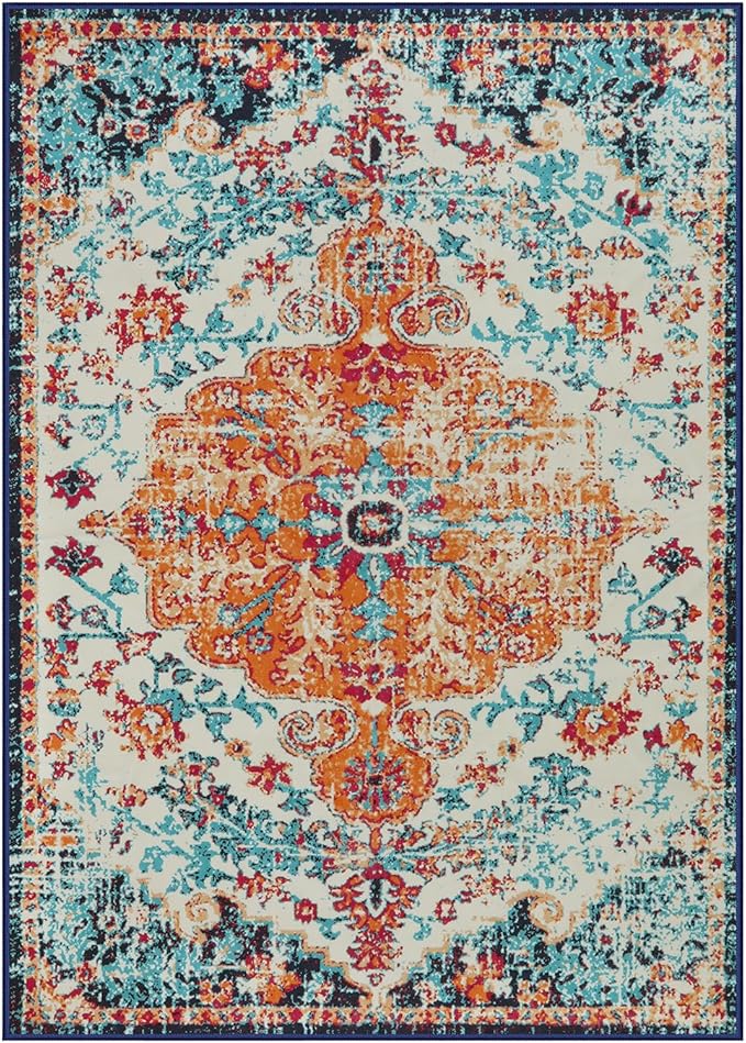 Lahome Bohemian Floral Medallion Area Rug - 5x7 Oriental Distressed Large Bedroom Rug, Soft Non-Slip Washable Dining Room Mat Indoor Throw Nursery Floor Carpet for Guest Room Entryway
