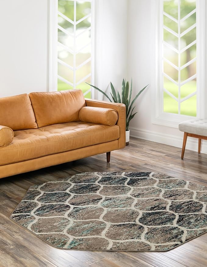 Rugs.com Lattice Frieze Collection Rug – 7 Ft Octagon Blue Multi Medium-Pile Rug Perfect for Living Rooms, Kitchens, Entryways
