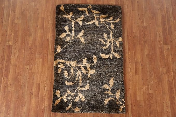Rug Source Modern Collection Size 3x5 Abstract Area Rug, Hand-Knotted/Hand-Woven Black Floral/Nature Print Rug, Oriental Jute Carpet for Foyer, Entryway, Hallway