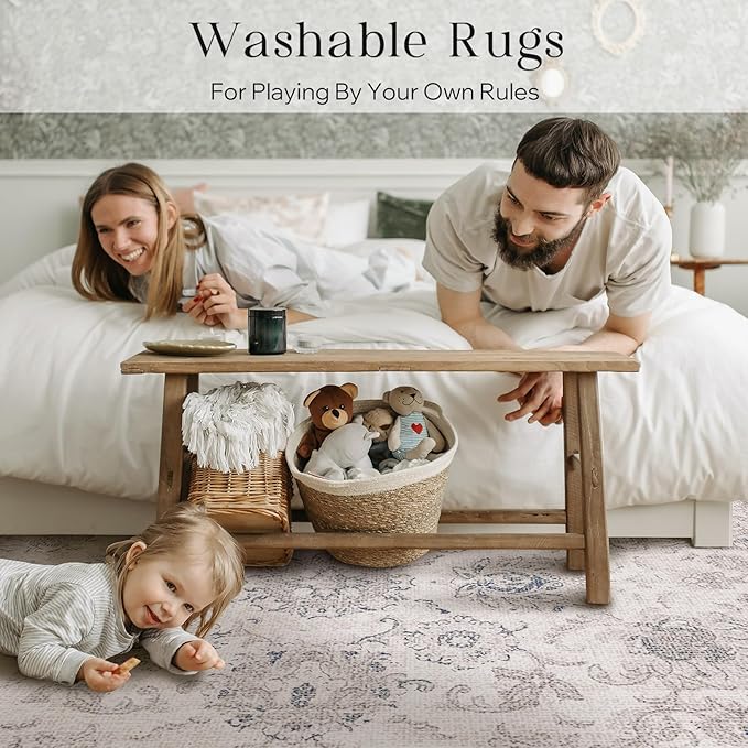 Phantoscope Washable Area Rug 8'x10' Non-Slip, Vintage Neutral Rugs for Living Room, Bedroom, Dining Room, Distressed Boho Floral Medallion Pattern, Low-Pile Foldable Floor Carpet, Cream Beige/Neutral