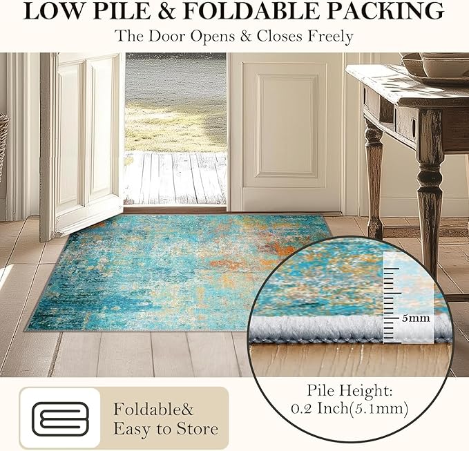 Washable Area Rugs 8ft Non-Slip Modern Abstract Soft for Living Room Entryway Bedroom Nursery, Print Pattern, Teal Blue Green Orange Rust Red Coloreful