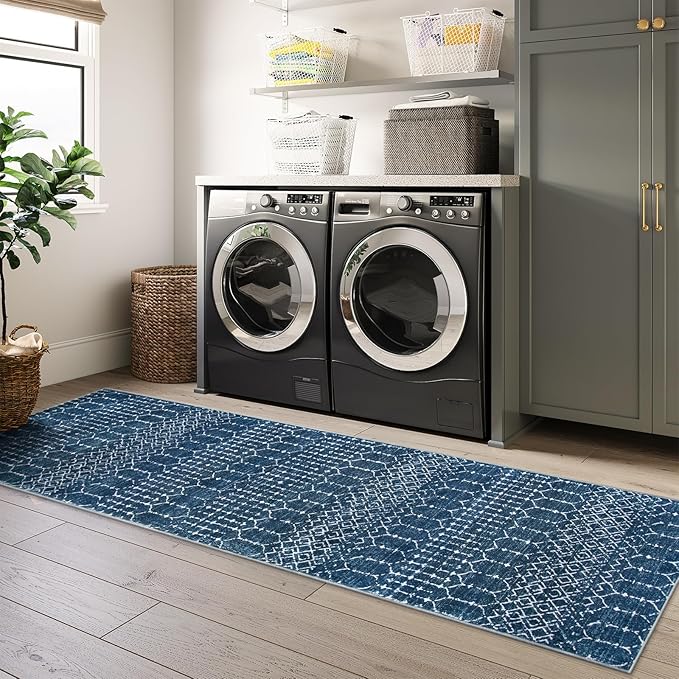 Lahome Moroccan Blue Runner Rug 2x6 Rug Non-Slip Stain Resistant Kitchen Rug Runner Low-Profile Washable Hallway Runners, Geometric Print Distressed Carpet for Entryway Laundry Room