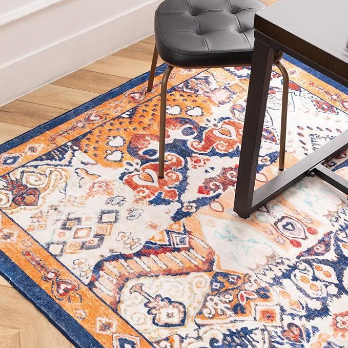 Phantoscope Washable Area Rug 3'x5' Non-Slip, Vintage Boho Rugs for Living Room, Bedroom, Dining Room, Distressed Persian Market Pattern, Low-Pile Foldable Floor Carpet, Navy/Orange