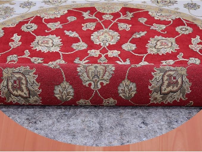 Exotic Red Hand Knotted All Over Leaf Pattern Wool and Silk Rajasthan Design Round Rug (6'x6')
