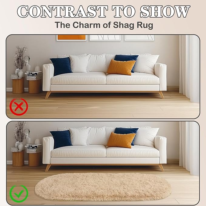 Soft Fluffy Area Rug for Bedroom, Fuzzy Shaggy Oval Throw Rugs for Bedside, Non-Slip Cozy Plush Shag Carpet for Kids Room Nursery Dorm Living Room, Beige, 2.6 x 5.3 Feet, 2 Packs
