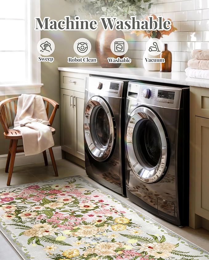 Floral Bedroom Rug - 4x6 Washable Area Rugs Non-Slip Soft Low-Pile Stain Resistant Carpet Flower Print Vintage Indoor Rug forLiving Room Dining Room Office Nursery Room, Grey