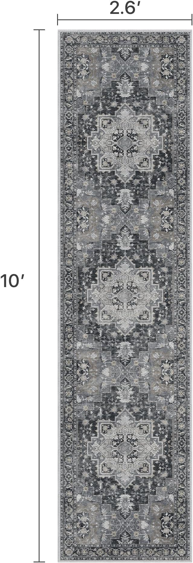 Runner Rug 2'6''x10, Machine Washable Runners, Non Slip Vintage Hallway Runner Rugs, Low Pile Lightweight Mat for Entryway, Hallway, Kitchen and Corridor, Dark Gray