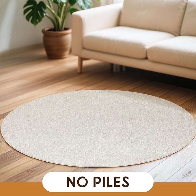 LBRO2M Easy Jute Solid Area Rug 4X4 Round Washable Rugs for Living Room Dining Room Bedroom Natural Jute Look Indoor Outdoor Rug Durable, Solid Non Shedding Eco Friendly (4X4 Light Ivory)