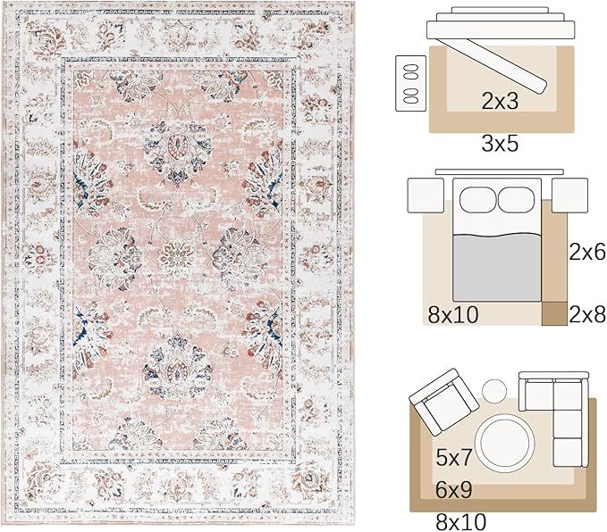 jinchan Fiora 8x10 Area Rugs for Living Room - Machine Washable Vintage Floral Distressed Design Stain Resistant Boho Carpet Low Pile Non-Slip Rug for Bedroom Dining Room Home Office (8‘x10', Pink)