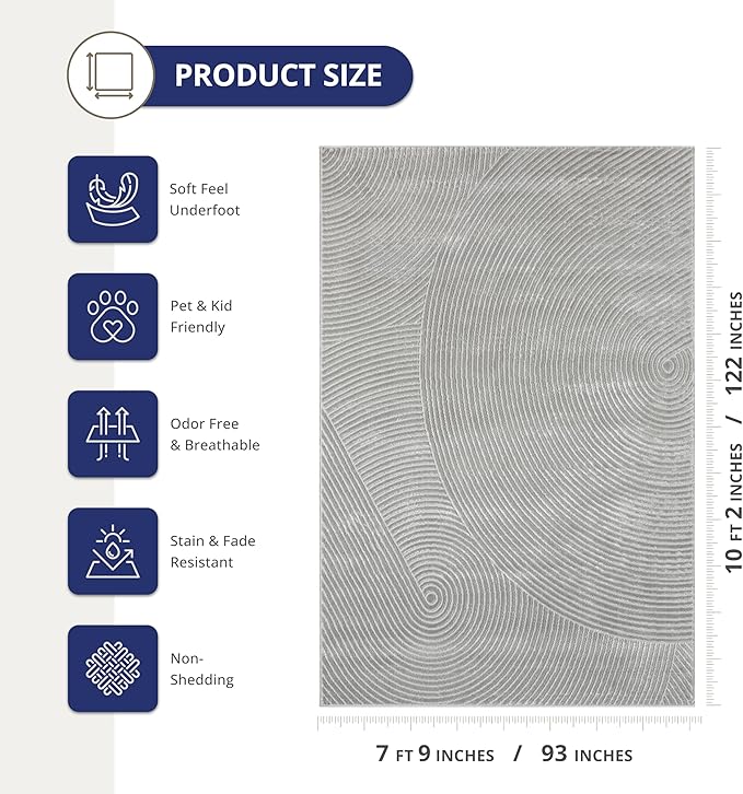 Abani Grey Area Rug for Living Room, Bedroom - Zen Reiki Pattern- 8' x 10' -Durable & Easy to Clean