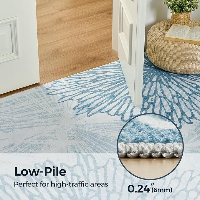 WITSHOCK 5x7 Washable Rug for Living Room,Modern Floral Distress Print Pattern Area Rugs,Stain Resistant with Non Slip Backing Carpet for Dining Room,Bedroom & Home Decor,Blue/Light Blue