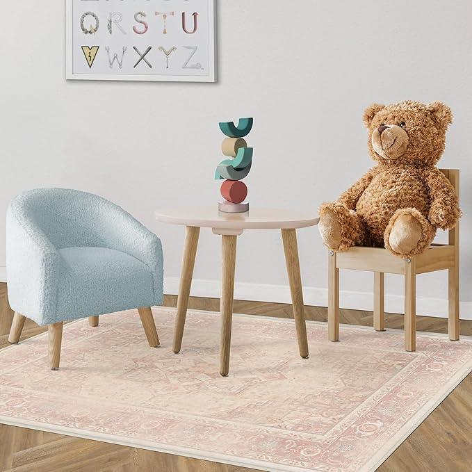 RUGGABLE Washable Area Rug – Kamran Soft Pink 3x5, Stain-Resistant, Non-Slip – Small Machine Washable Rugs for Living Room, Bedroom, Hallway, Entryway & Office–with Standard Pad