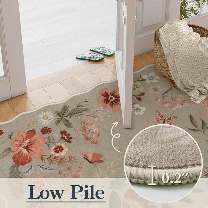 Lahome Floral Kitchen Runner, 2x5 Soft Washable Runner Rug Non Slip, Ultra-Thin Hallway Rug Stain Resistant Boho Carpet for ‎Laundry Bathroom Bedroom(2x5ft,Brown)