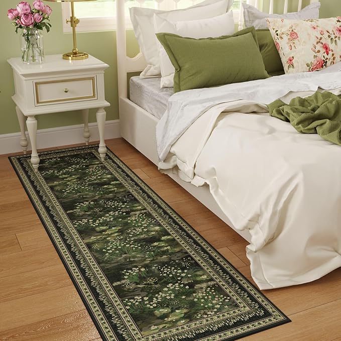 Rugcomf 2x6 Runner Rug Impressionist-Style Vintage Kitchen Rugs Non Slip Washable Soft Carpet Runner for Kitchen Laundry Bedroom Bathroom, Green