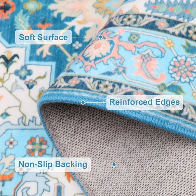 WILLSUN Washable Area Rugs, 5x7 Non-Slip Boho Large Area Rugs for Living Room, Bedroom, Machine Washable Vintage Rug, Indoor Floral Print Carpet for Home Decor, Kid & Pet Friendly Mat