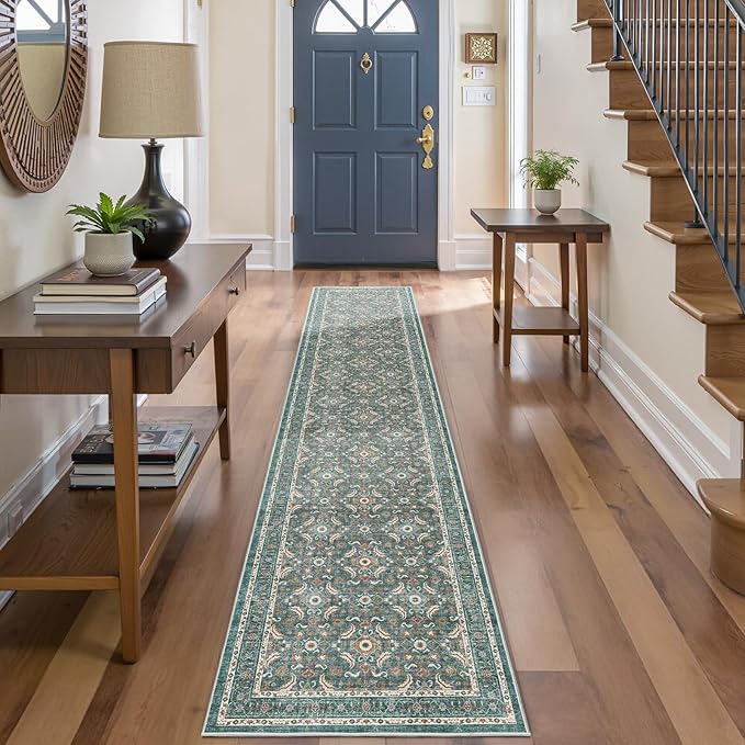 WITSHOCK 2x10 Long Runner Rug for Hallway,Washable Rug Distressed Boho for Bedroom Kitchen Entryway Indoor Entrance,Non Slip Runner Rugs with Rubber Backing（Teal Blue,2x10）