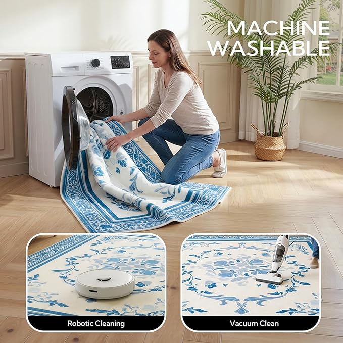 SOULFUL Medium Pile 3x5 Area Rug - Cozy Soft Underfoot Small Entryway Rug - Mist Blue Boho Floral - Washable Non-Slip - Perfect for Living Room Bedroom Foot Kids Room Reading Nook