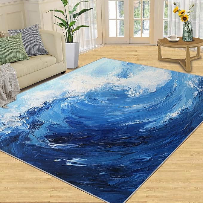 Japanese Ocean Rugs for Bedroom - 5x8 Area Rug - Ukiyo-E Ocean Waves Rugs for Living Room, Abstract Oil Painting Ocean Rug, Washable Home Decor Carpet