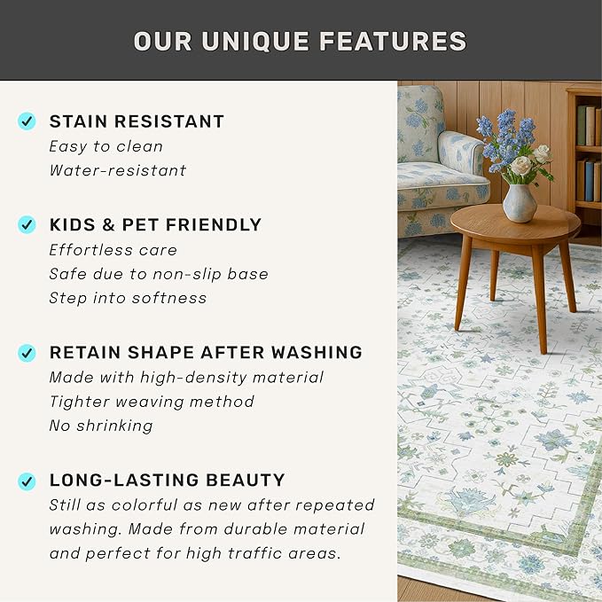 Blue and Green Washable Entryway Rugs 3x5 - Vintage Boho Floral Pastel Cream, Washable Low Pile Non Slip Small Throw Accent Area Rug for Door Mat Indoor Entrance, Kitchen, Bedroom Beside Bed Decor