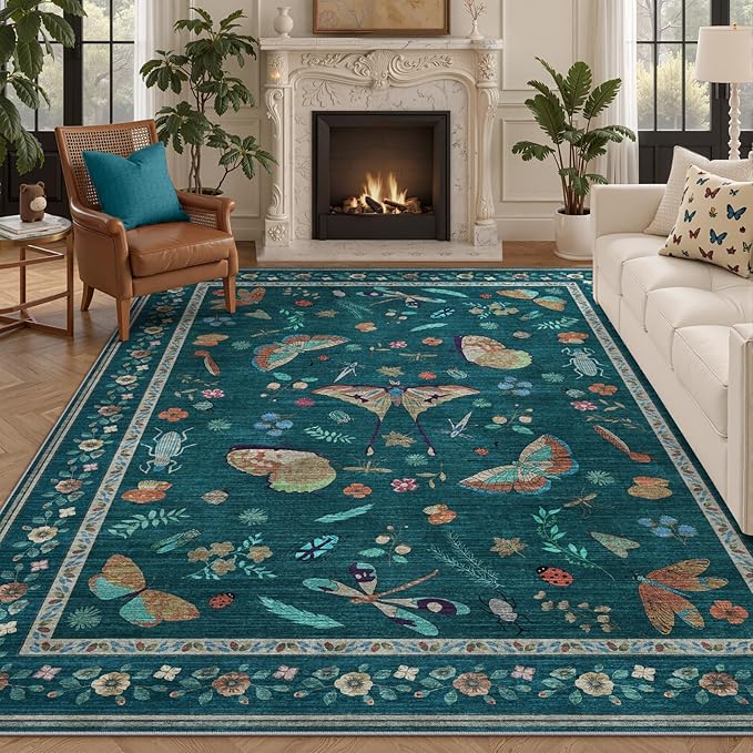 7x9 Bug Pattern Area Rug - Indoor Non-Slip Low Pile Machine Washable Insect Print Rug for Entryway, Living Room, Bedroom, Kitchen, Laundry (7'x9' Teal)