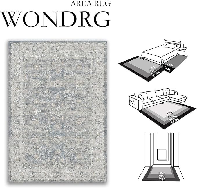 9x12 Blue Area Rug for Living Room Bedroom Neutral Soft Non Slip Rug Low Pile Vintage Distressed Large Carpet for Dining Room Nursery Office Indoor