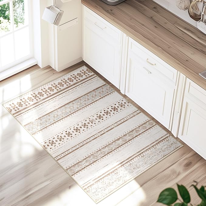 BESTSWEETIE 2x3 Area Rugs for Living Room Washable Moroccan Farmhouse Neutral Geometric Low Pile Non-Slip Soft Print Pattern Rug for Bedroom Kitchen Dining Room Entryway Cream/Brown/Pink