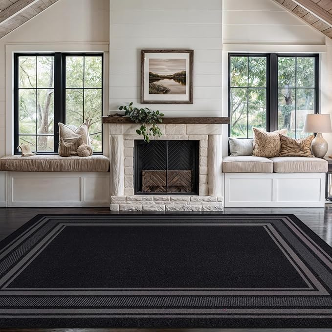 Beverly Rug Non Slip Area Rugs 8x10 Modern Bordered Non Skid Rubber Backing Soft Area Rug for Living Dining Room Easy to Clean Non Shedding Kitchen Bedroom Indoor Carpet 8 x 10 Black