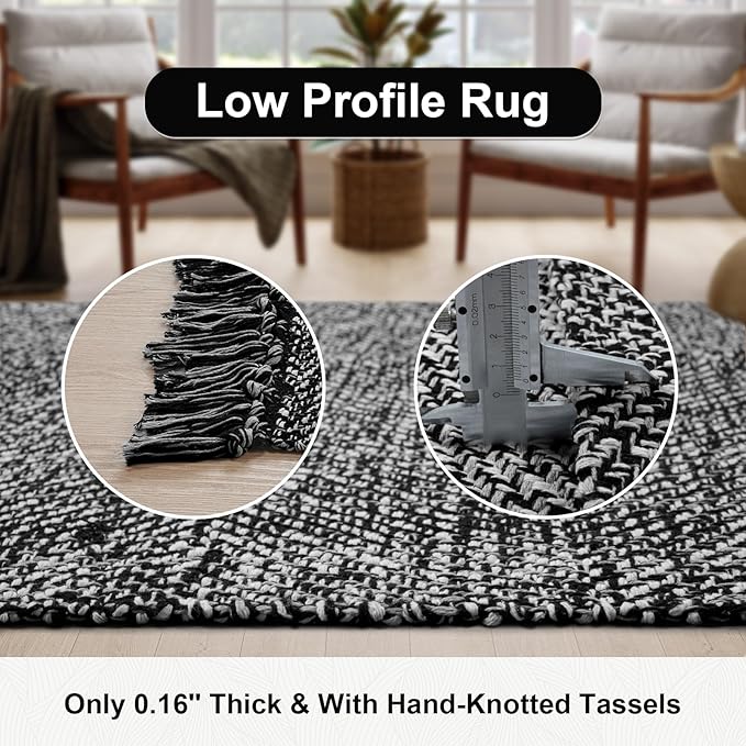 Collive Hallway Runner Rug, 2' x 5' Soft Washable Kitchen Runner Rug, Black Contemporary Modern Laundry Room Rugs Indoor Hand-Woven Cotton Carpet for Bedroom Entryway Front Door Farmhouse