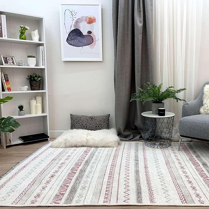 Alfa Rich 5x8 Mauve Off White Washable Area Rugs for Living Room Bedroom Kitchen Decor Cotton Rug