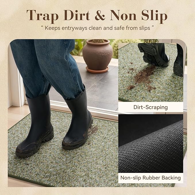 MontVoo Door Mat Indoor Entrance Doormat, Absorbent Durable Rubber Non Slip Front Door Mat for Inside Entry Entryway Dirt Trapper Welcome Mat, Green 17''x30''