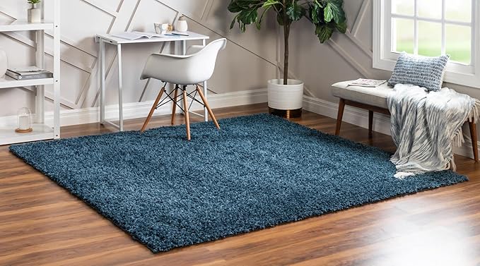 Unique Loom Davos Shag Collection Area Rug - Solid (3' 3" Square, Marine Blue)
