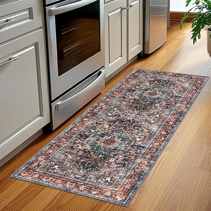 KOZYFLY Runners for Hallways 2x5 Ft Washable Kitchen Runner Rug Boho Runner Rug for Entryway Indoor Printed Oriental Faux Wool Floor Carpet Runner for Laundry Room Kitchen Hall, Brick Red/Orange/Green