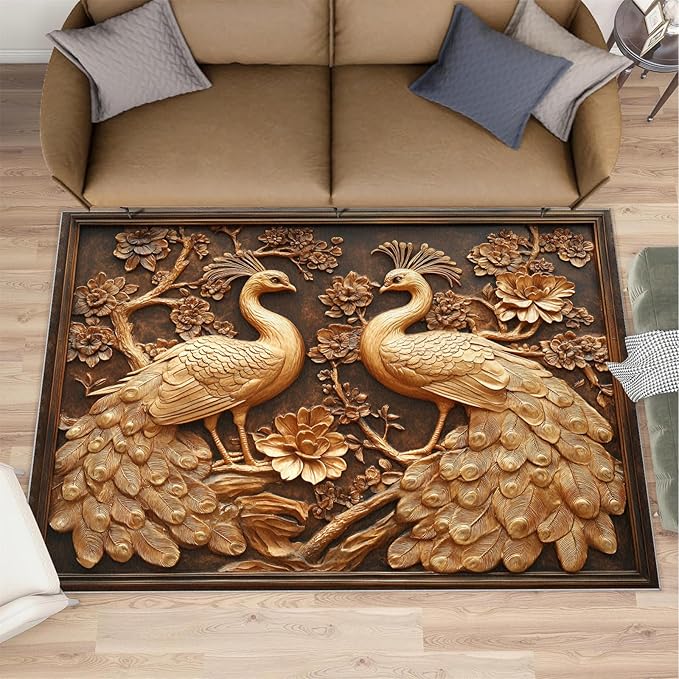 Peacock Rugs for Bedroom - 5x6 Rug, European Style Area Rugs for Living Room, Peacock Decor Carpet, Gold Peafowl Washable Area Mat, Luxury Carpet - Peafowl Home Decor & Gifts
