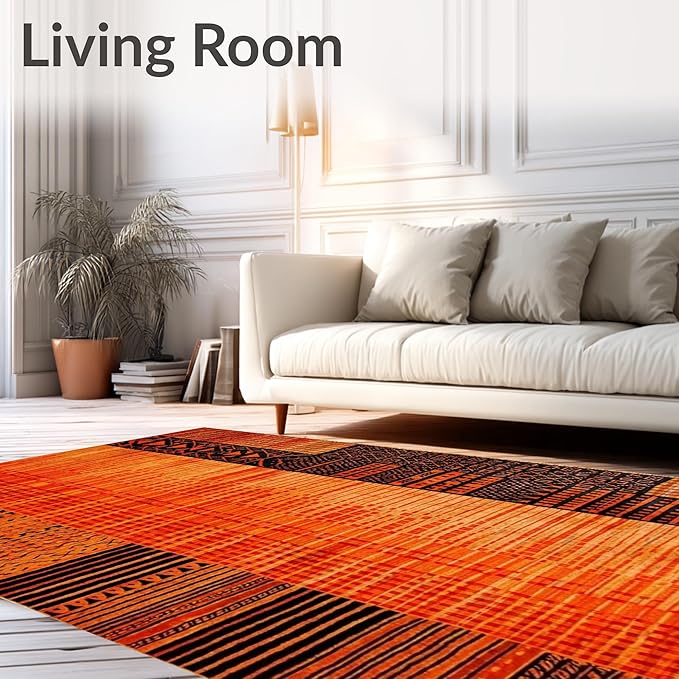 Flatwoven High Traffic Area Rug 8x10, Burnt Orange Copper Fiery Abstract Shape Floor, Non Slip, Stain Resistant, Washable Area Rugs for Living Room, Bedroom (Orange, 8x10)