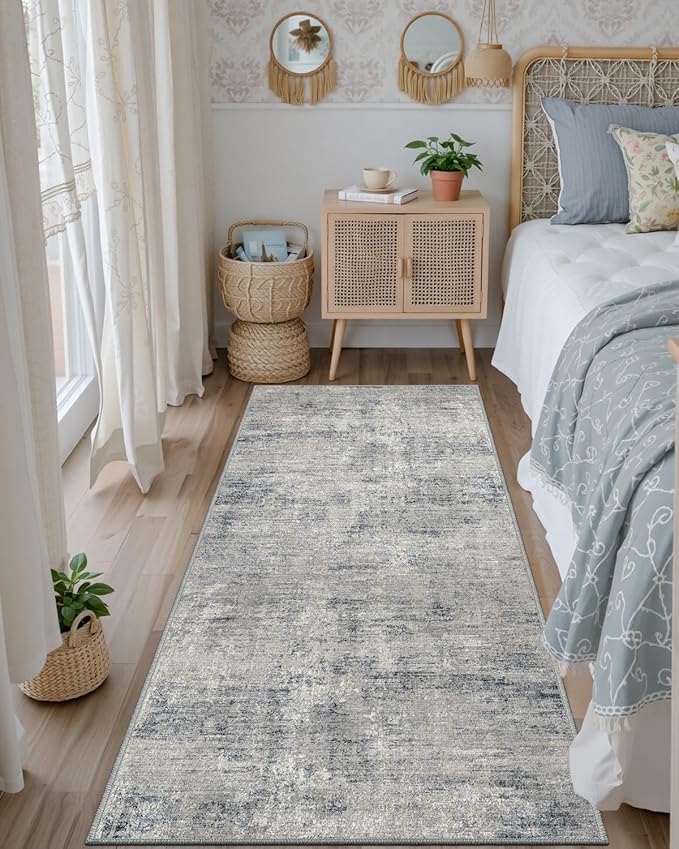 DEXI Hallway Runner Rug 3x8, Modern Abstract Non Slip Thin Soft Runners Carpet, Stain Resistant Washable Indoor Rug for Hallway Entryway Kitchen Laundry Room Living Room, Blue