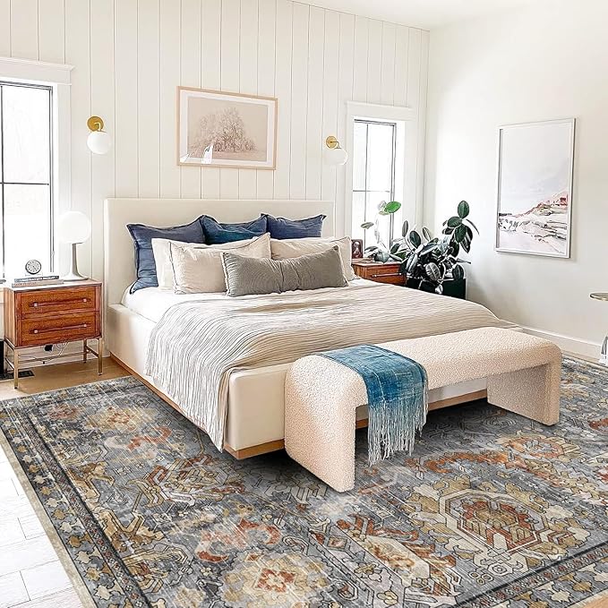 RUGSURE Washable Area Rugs - Perfect for Living Room, Bedroom, Kids Room, Nursery - Stain & Water Resistant Non-Slip, Pet & Child Friendly, Vintage Tribal Area Rugs (Turmeric and Grey, 4' x 6')