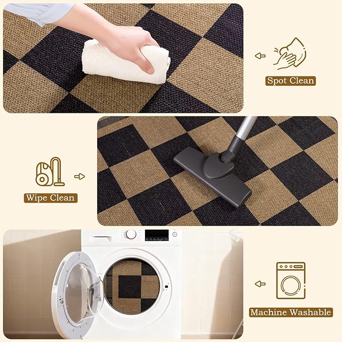 Checkered Jute 5x7 Area Rugs, Washable Outdoor Patio Rug Living Room Bedroom Indoor Carpet, Non Slip Modern Farmhouse Design Neutral Geometric Office Porch Balcony Dining Room Mat, Black and Brown