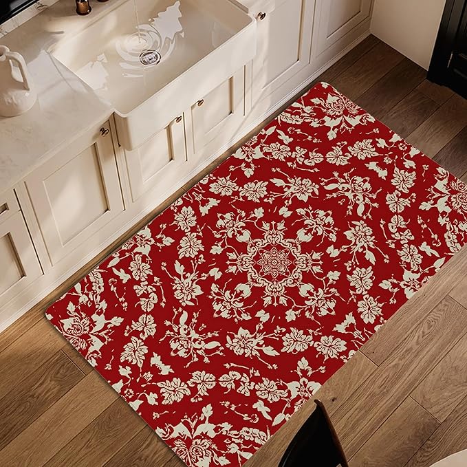 Red Flower Carpet for Living Room, 3x5 Non-Slip Washable Low Pile Abstract Design Rug, Space Saving Area Rug for Bedroom, Dining Room