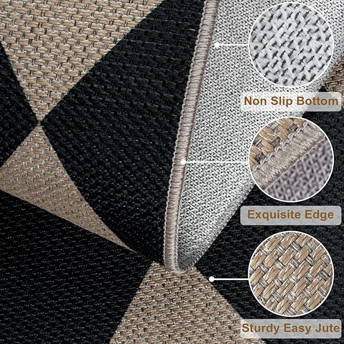 Easy Jute Black Checkered 8x10 Area Rug, Washable Modern Outdoor Rug for Patio Non-Slip Diamond Rugs for Living Room, Neutral Farmhouse Floor Carpet for Bedroom Dining Room Classroom