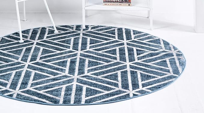 Rugs.com Lattice Trellis Collection Rug – 3 Ft Round Blue Low-Pile Rug Perfect for Kitchens, Dining Rooms