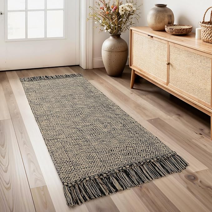 Collive Washable Kitchen Runner Rug, Modern Farmhouse Hand Woven Entryway Rugs Non Slip, Cotton Reversible Bathroom Carpet for Bedroom Hallway Foyer Back Door Decor, Natural/Black 2 x 4.3 ft