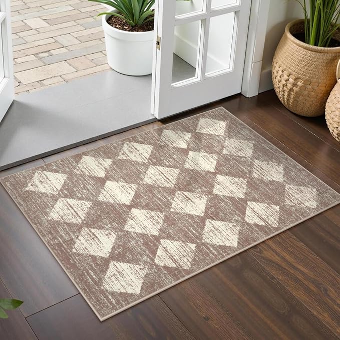 Lahome Moroccan Treills Area Rug - 2x3 Small Beige Bathroom Rug Door Rugs for Entryway Indoor, Checkered Washable Non Slip Throw Carpet for Bathroom Powder Room Kitchen Bedroom Front Door