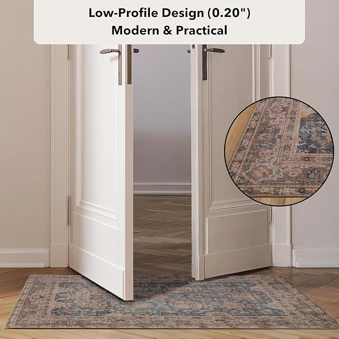 Kuden 5x7 Area Rug, Machine Washable Area Rug with Non-Slip Backing, Vintage Style, Soft, Easy Clean, Low Pile Rug for Living Room, Bedroom, Dining Room