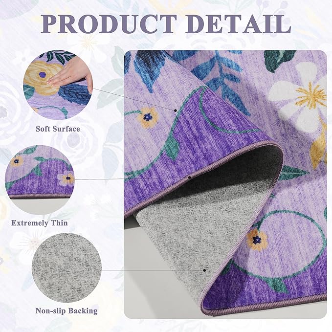 DUKINO 3x5 Area Rug, Floral Rugs for Living Room, Lightweight Non Slip Washable Rug, Indoor Low Pile & Non-Shedding Boho Design Rugs for Bedroom, Living Room, Dining Room, Purple