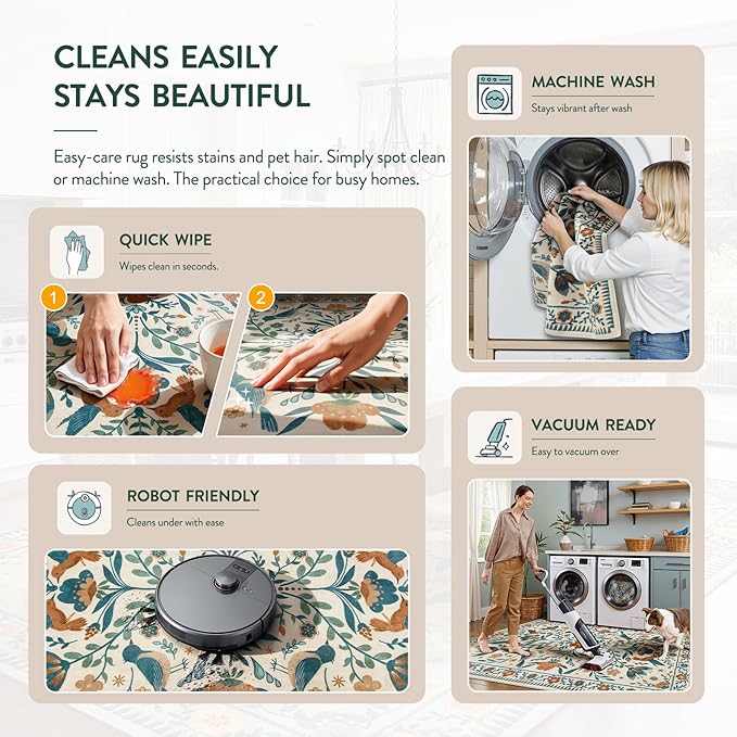 Moynesa Bedroom Rug 5x7, Washable Modern Bohemian Area Rugs for Living Room Dining Room, Farmhouse Floral Bird Print Pattern Carpet, Retro Home Decor Open Floor Areas Non-Slip Protection