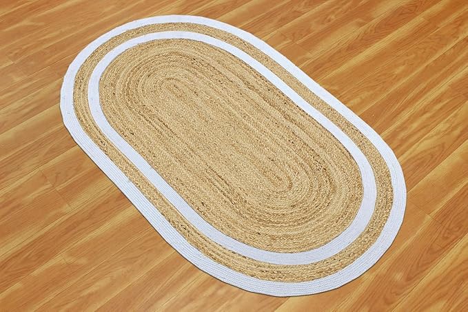 Oval Runner 2x8 Kilim Jute Runner Natural Oval Thick 0.27" Solid Design Beige White Hand Braided Jute Flatweave Mat Handmade Boho Indoor Outdoor Rugs for Kitchen Hallway Enterway
